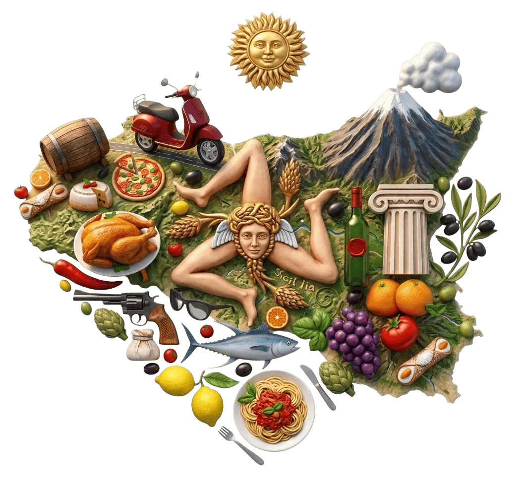Illustrated map of Sicily with Etna, the Trinacria, food, wine and Sicilian symbols